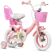 Pink children's bicycle with training wheels and a basket on a white background
