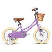 Purple children's bicycle with a wicker basket on a white background
