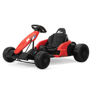Red and black toy go-kart on a white background