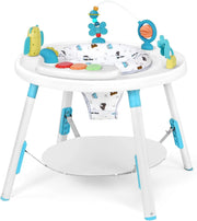 Baby activity center with colorful toys on a white background