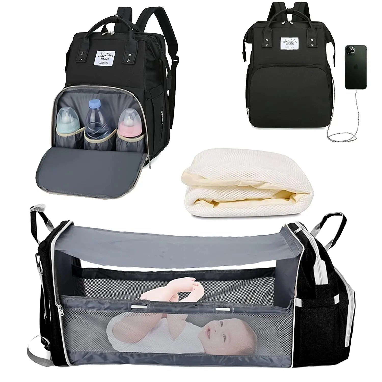 backpack for baby travel 3 In 1 Diaper Bag Backpack Foldable Baby Bed, Blue Type1 With Net