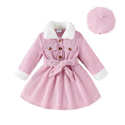 Baby Girl Fur Sleeve Lapel Corduroy Dress Set – 3-Piece Winter Outfit with Hat & Belt