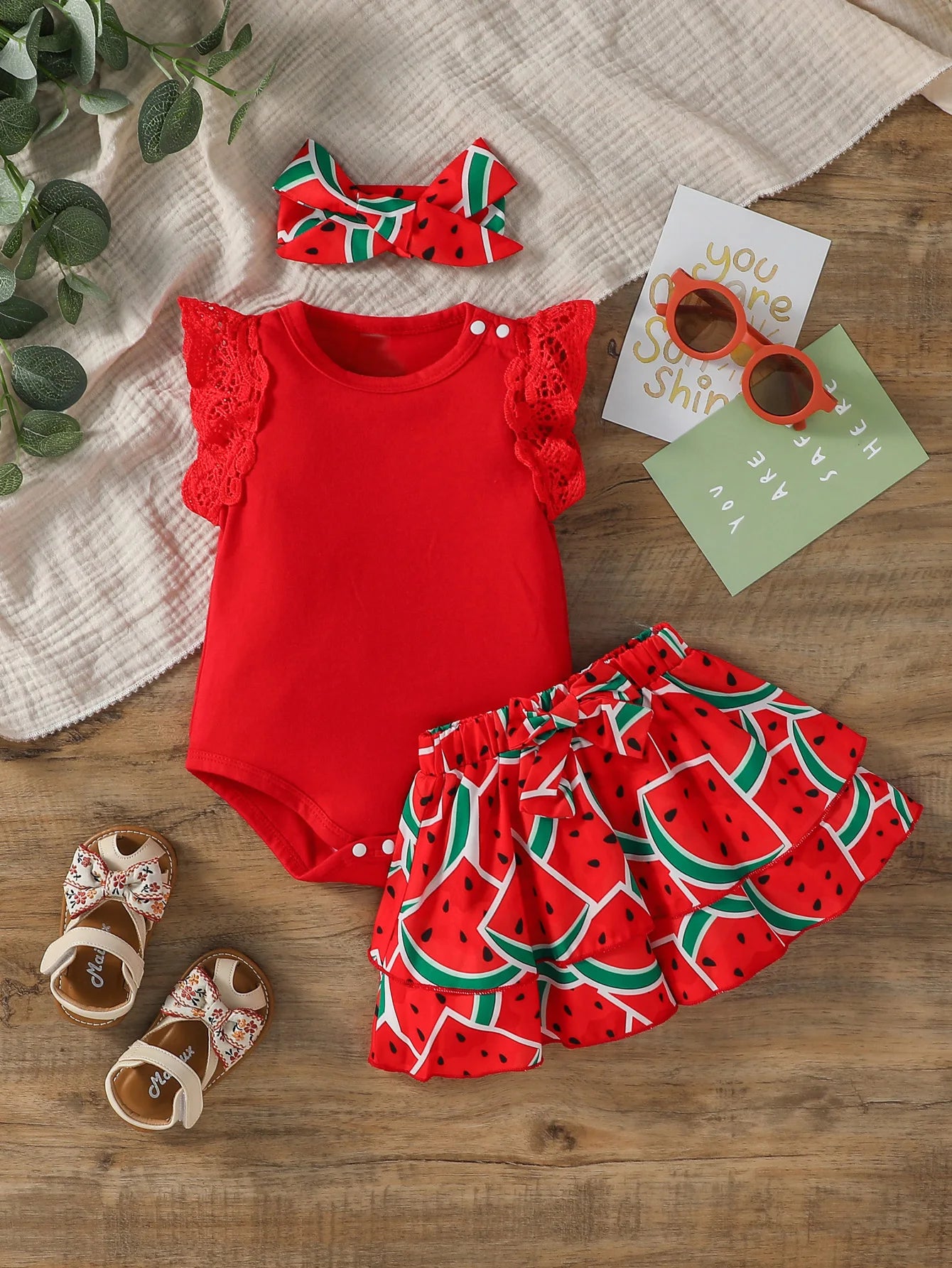 summer infant login Baby Girls Summer Watermelon Outfit – 3PCS Set, Set / 9-12M