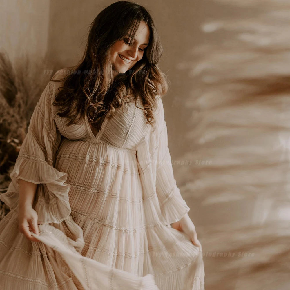 Bohemian Pregnancy Photoshoot Dress V-Neck, Long Sleeve, Pleated Chiffon Maternity Gown (Boho Style), Blue Bohemian Pregnancy Photoshoot Dress V-Neck, Long Sleeve, Pleated Chiffon Maternity Gown (Boho Style), Blue