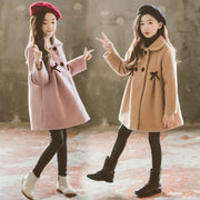 Girls' Korean-Style Hooded Wool Coat – Cartoon Pattern Heavyweight Jacket for Kids 3–12Y