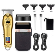 Kemei hair trimmer set with attachments and charging cables on a white background