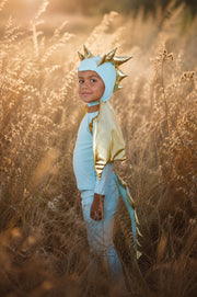 Child in a costume standing in a field with tall grass