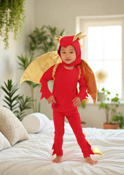 Kids Sunfire Red Dragon Pajama Costume – Fantasy Dragon Outfit with Golden Wings & Gold Spikes