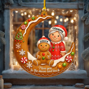 Decorative Christmas ornament with a moon design, gingerbread man, and woman labeled 'Grandma' and 'Jessica'.