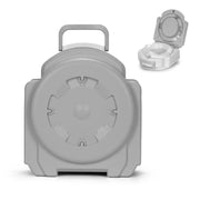 Gray portable toilet with open lid on a white background
