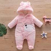 Baby Plush Hooded Romper – Animal Details & Winter Layering