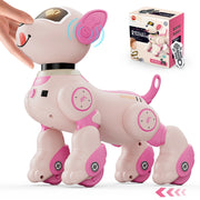 Interactive Robot Dog Toy with Voice Command, 2.4GHz Remote Control, Touch Sensor, and STEM Programming Mode—Lively Stunt Pet for Kids (Pink/Orange)