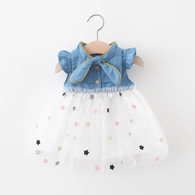 Girls' Summer Bow Denim Dress with Flying Sleeves, White / 2-3Y Girls' Summer Bow Denim Dress with Flying Sleeves, White / 2-3Y