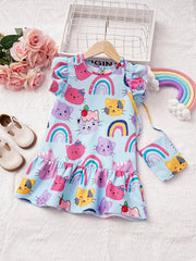 Vestido con estampado de dibujos animados para niñas de verano: lindo cuello redondo