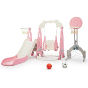 5-in-1 Car-Themed Toddler Slide and Swing Set – Slide, Swing, Basketball Hoop, Soccer Net & Ring Toss for Ages 1–8