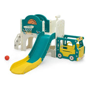 9-in-1 Bus-Themed Toddler Slide & Climber Set – Basketball Hoop, Crawl Tunnel & Car Playhouse for Kids Ages 1–5