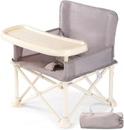 Foldable baby high chair with tray and carrying bag on a white background