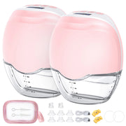 Two pink breast pumps with accessories on a white background