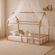 Twin Size Montessori House Bed for Kids with Fence – Solid Beech Wood Floor Bed Frame with Slats