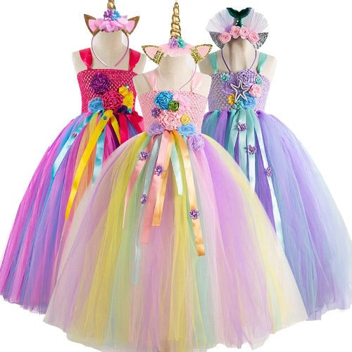 Crochet Top Floral Long Tutu Dress, Pink / 9 Crochet Top Floral Long Tutu Dress, Pink / 9