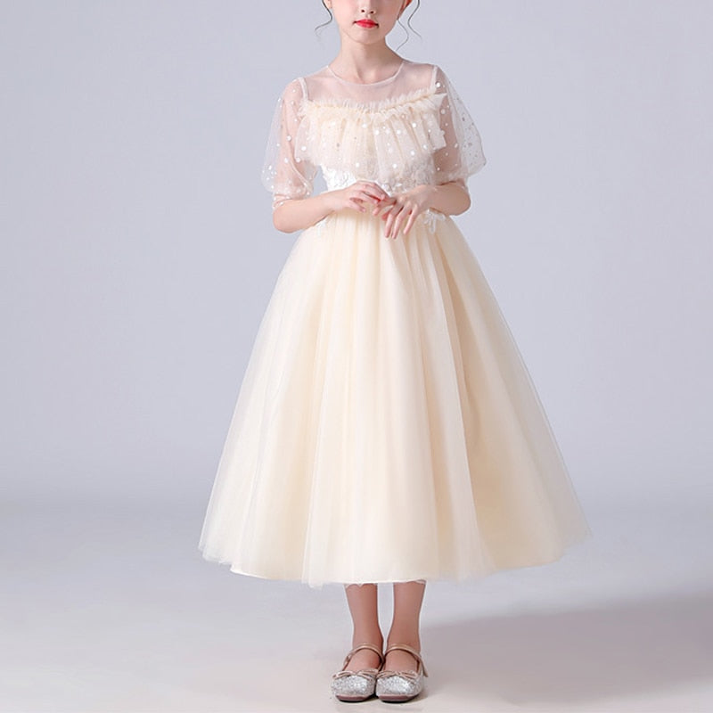 Dotted See Through Sleeves Ruffle and Lace Girls Party Dress, 11-12 / Beige Dotted See Through Sleeves Ruffle and Lace Girls Party Dress, 11-12 / Beige