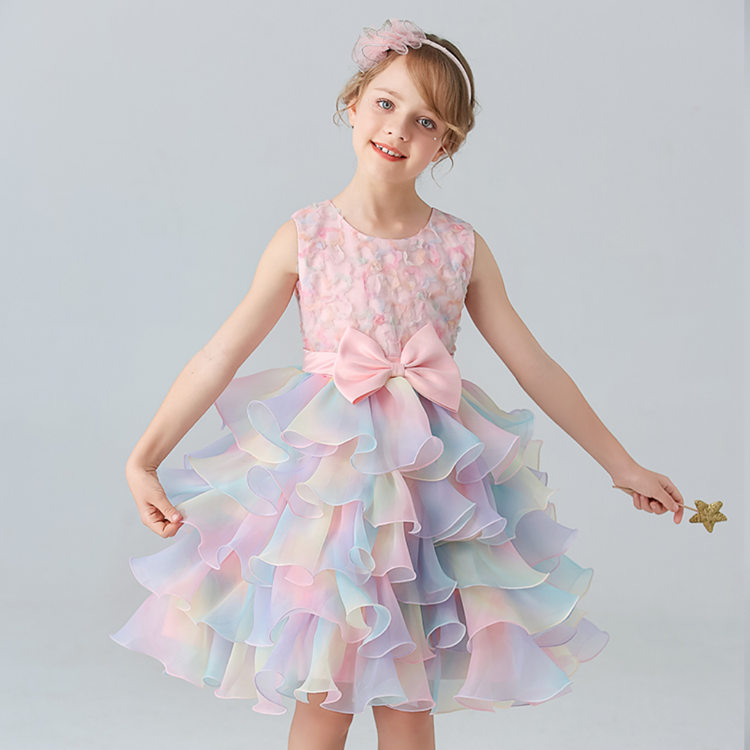 Rainbow Layered Skirt and Bow Design Flower Girl Party Dress, Pink / 4 Rainbow Layered Skirt and Bow Design Flower Girl Party Dress, Pink / 4
