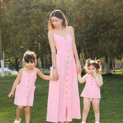 Strapless Button Dress with Pocket Baby Overall Rompers Family Matching Outfits