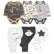 6 Pcs Bundle Cartoon Pattern Print Baby Boy Romper and Pants Set