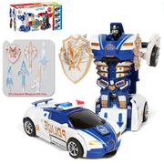 Blue Deformation Police Car Toy: Inertia Impact, One-Button Deformation