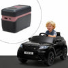 A black ride-on toy SUV with a child driving it, plus an inset showing a compact black-and-pink power bank. The main listing appears to be the ride-on vehicle rather than the power bank, and the child makes this a Lifestyle image.