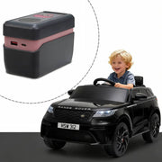 A black ride-on toy SUV with a child driving it, plus an inset showing a compact black-and-pink power bank. The main listing appears to be the ride-on vehicle rather than the power bank, and the child makes this a Lifestyle image.
