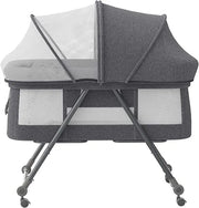 Gray baby crib with mesh sides on a white background