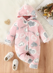Love Pattern Fuzzy Hooded Jumpsuit - Toddler Winter Romper
