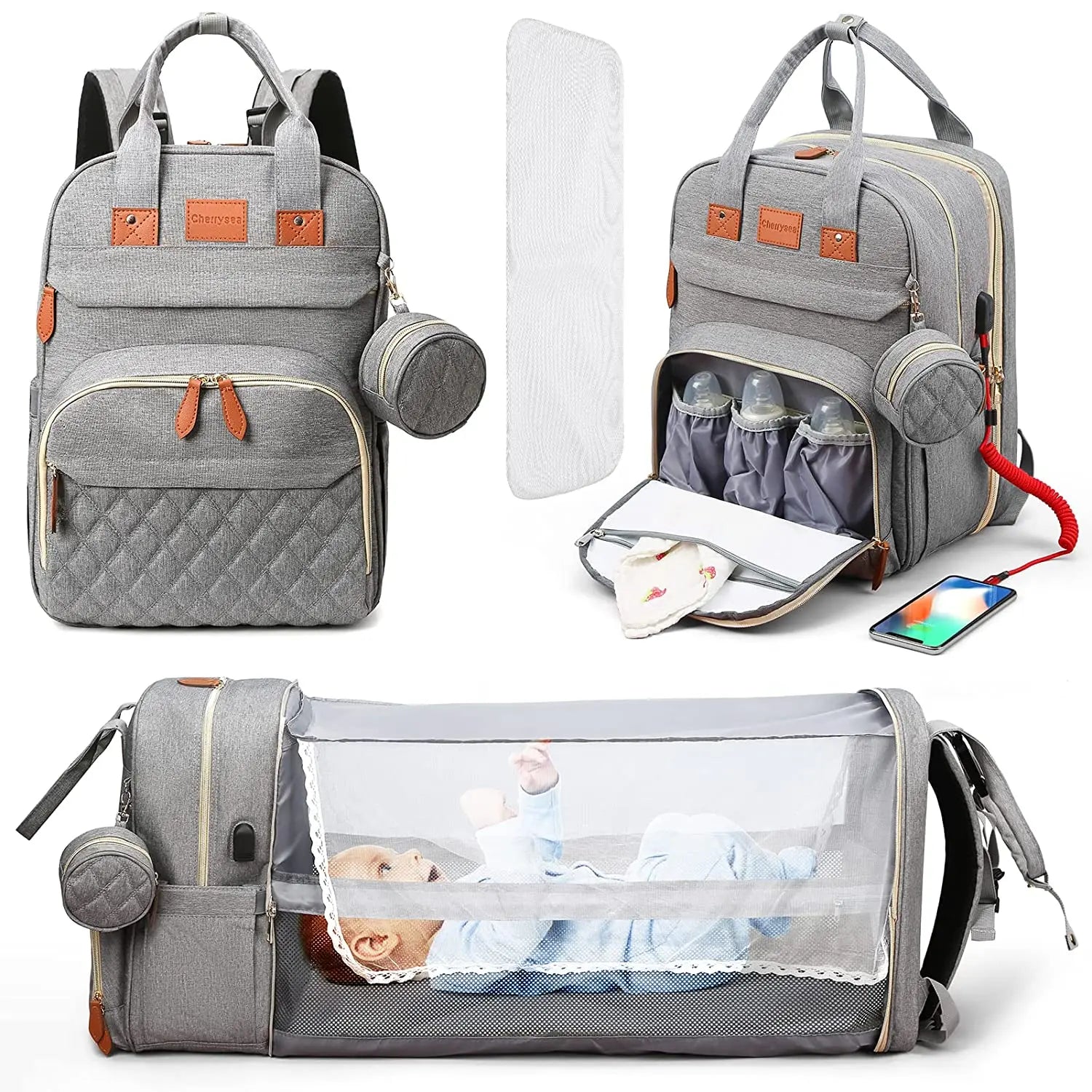 3-in-1 Diaper Bag Backpack With Portable Changing Station & Mosquito Net, Blue Type1 With Net