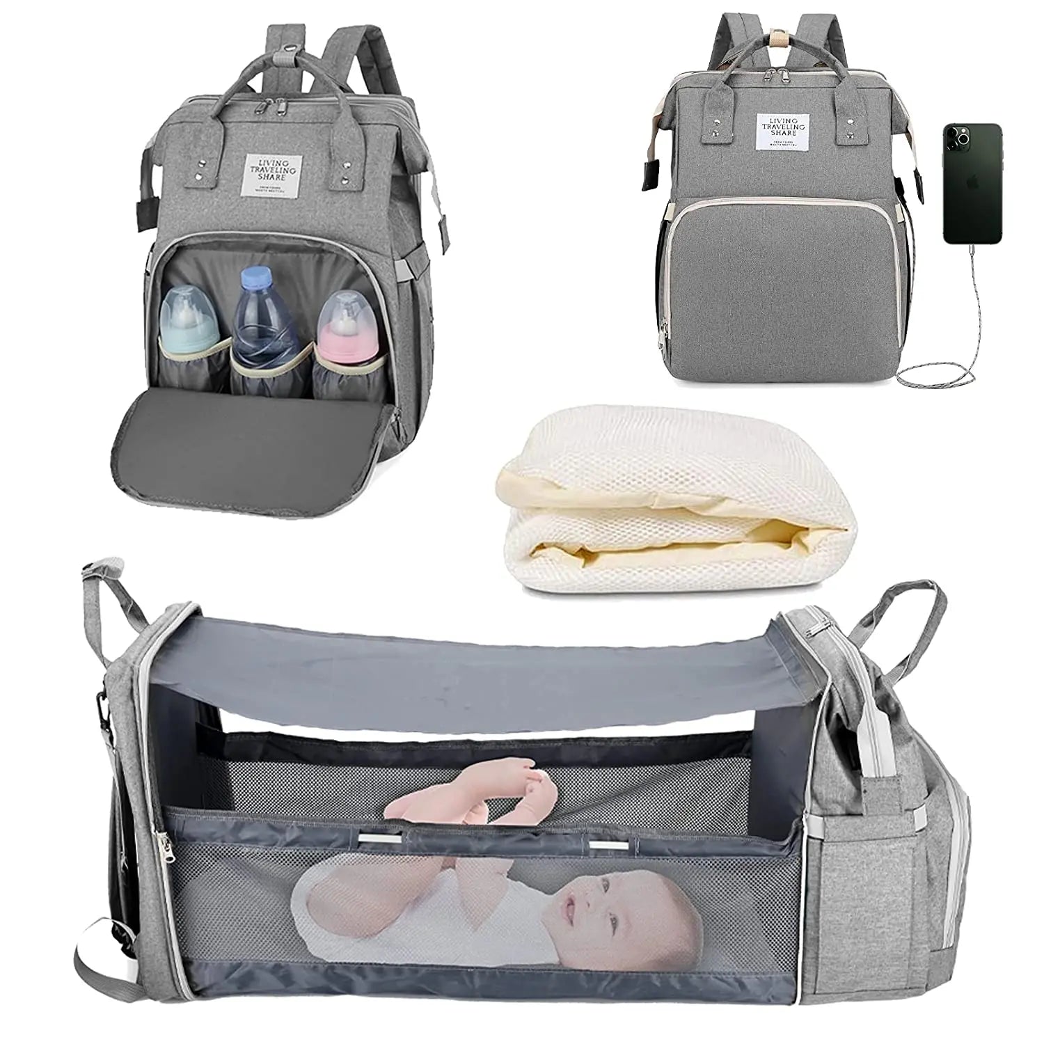 backpack travel infant bed 3 In 1 Diaper Bag Backpack Foldable Baby Bed, TYPE 3 Gray