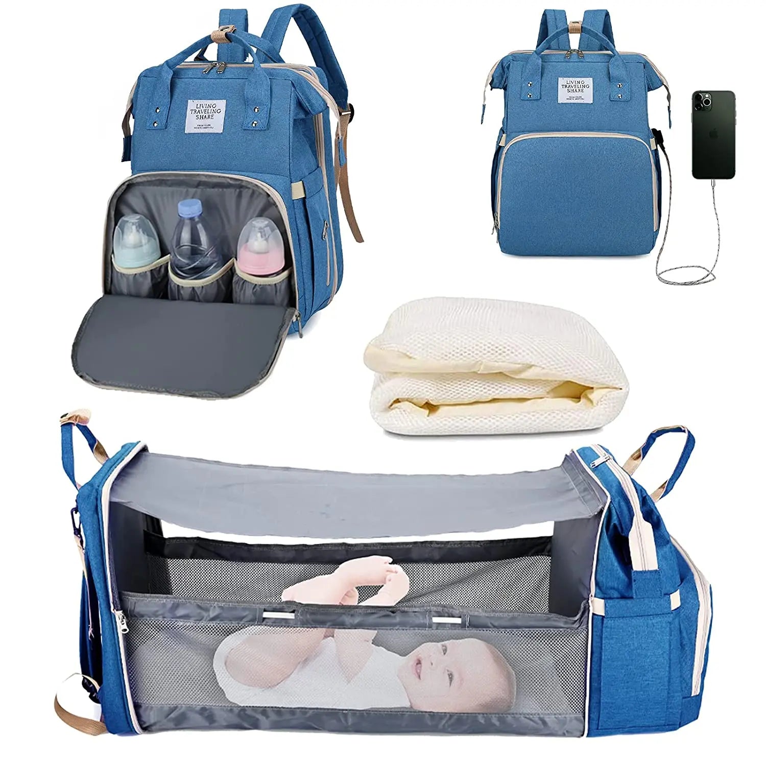 backpack travel infant bed 3 In 1 Diaper Bag Backpack Foldable Baby Bed, TYPE 3 Blue