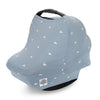 Blue baby car seat cover with white cloud pattern on a white background