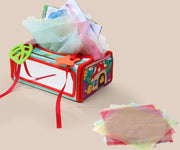Tissue Box Sensory Montessori Toy with Mirror, 6 in 1 Baby Toy 0-6-12 Months Newborn Toddler with Colourful Silk Cloths