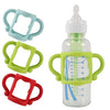 Clear baby bottle with green and red handles on a white background