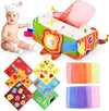 Baby play mat with colorful textures and a baby sitting next to it on a white background
