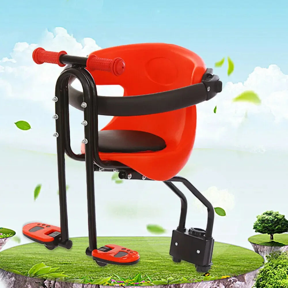 Red front-mounted child bicycle seat with handrail and footrests