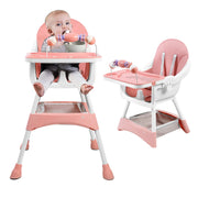Pink and white high chair with a baby sitting in it on a white background