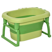 Green baby bath tub with stand on a white background