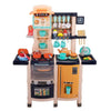 Toy kitchen set with various accessories on a white background