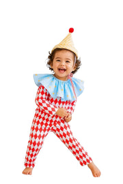 Kids Vintage Harlequin Clown Costume – Circus Halloween Outfit with Diamond Print, Ruffle Collar & Party Hat