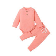 Newborn Knit Baby Clothes Set: Long Sleeve Button Romper Pants