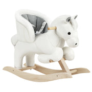 White rocking horse with wooden base on a white background