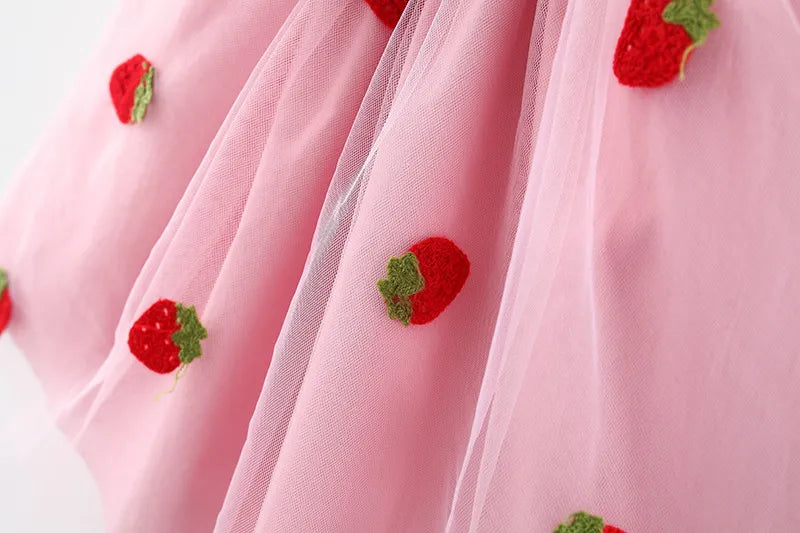 Summer Princess Dress: Strawberry Embroidery & Bow Details, Pink / 12-18M Summer Princess Dress: Strawberry Embroidery & Bow Details, Pink / 12-18M