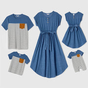 Blue Belted Dresses and Striped T-shirts Sets for Family