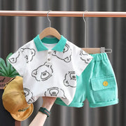 Conjunto de camiseta y pantalones cortos con osito de dibujos animados de verano: chándal informal de 2 piezas para niños pequeños